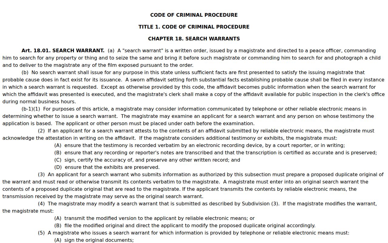 Cottle County warrant records and Texas Chapter 18 search warrant rules