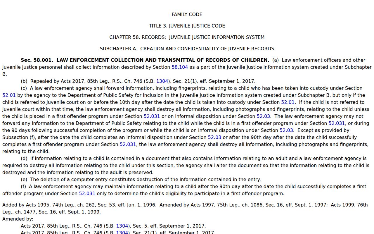 Cottle County juvenile warrant record confidentiality under Family Code Section 58.010
