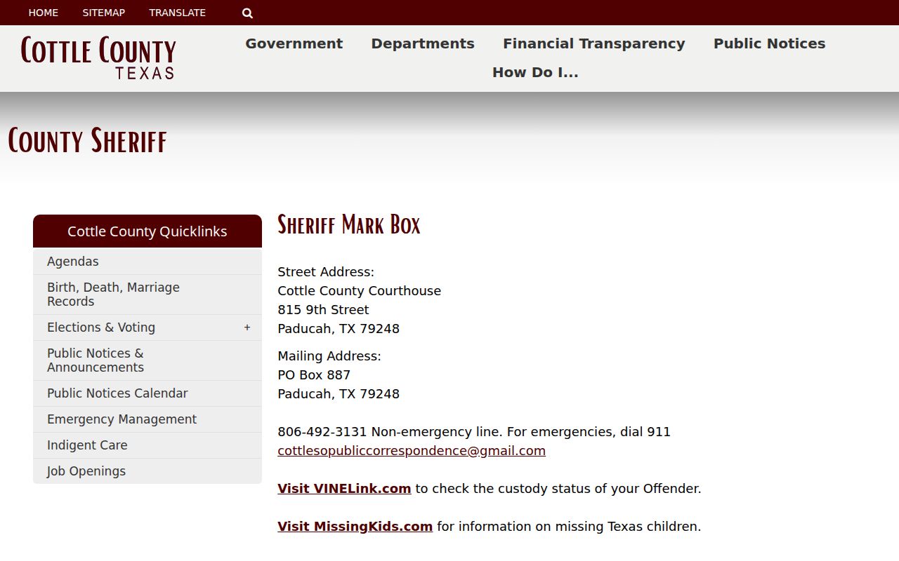 Cottle County warrant records and sheriff contact page